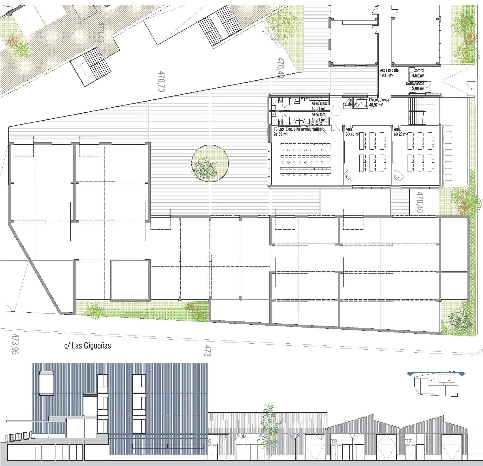 Composición de planos arquitectónicos con distribución general en planta primera y vista de alzado